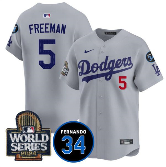 Men's Los Angeles Dodgers #5 Freddie Freeman Grey 2024 World Series With Fernando Memorial Patch Limited Stitched Baseball Jersey Men's Los Angeles Dodgers #5 Freddie Freeman Grey 2024 World Series With Fernando Memorial Patch Limited Stitched Baseball Jersey